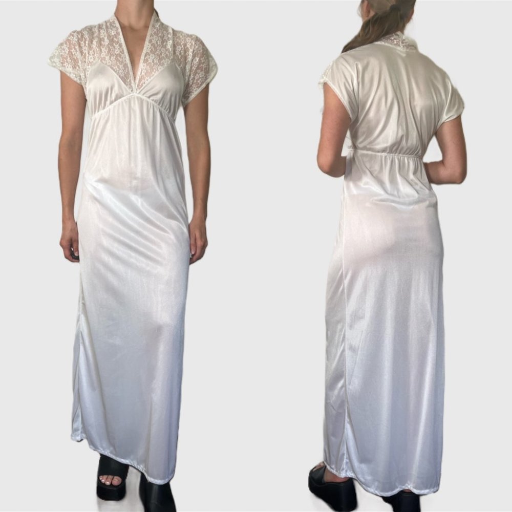 Vintage 80s White Slip, 1980s Lace Nightgown Dress